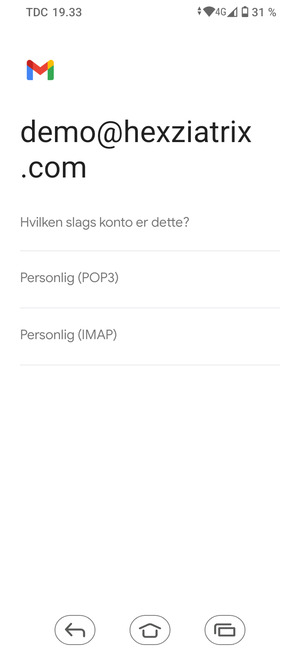 Vælg Personlig (POP3) eller Personlig (IMAP)