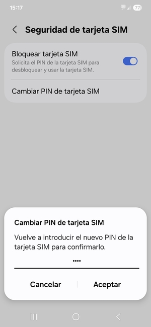 Confirme su nuevo PIN de la tarjeta SIM y seleccione Aceptar