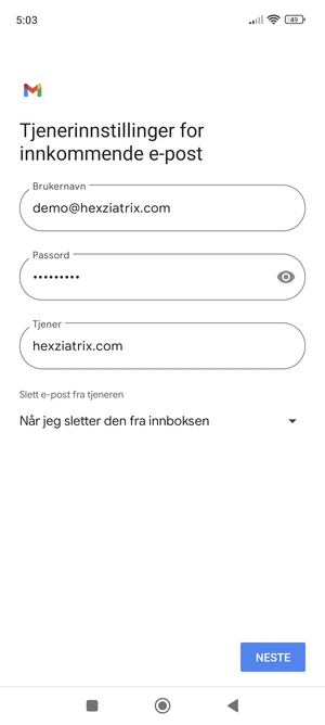 Skriv inn Brukernavn og innkommende serveradresse. Velg NESTE