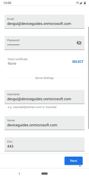 Enter Username and Exchange server address. Select Next