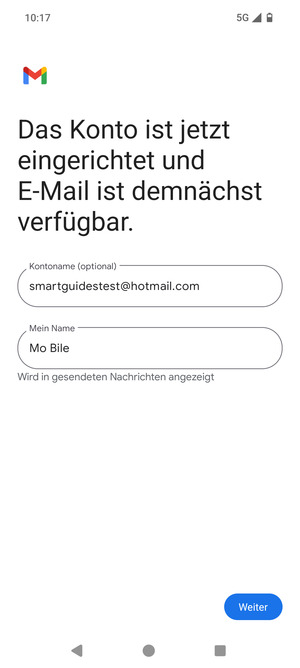 Geben Sie Ihrem Konto einen Namen und geben Sie Ihren Namen ein. Wählen Sie Weiter
