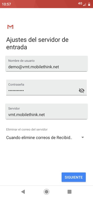 Introduzca Nombre de usuario y la dirección de servidor entrante. Seleccione SIGUIENTE