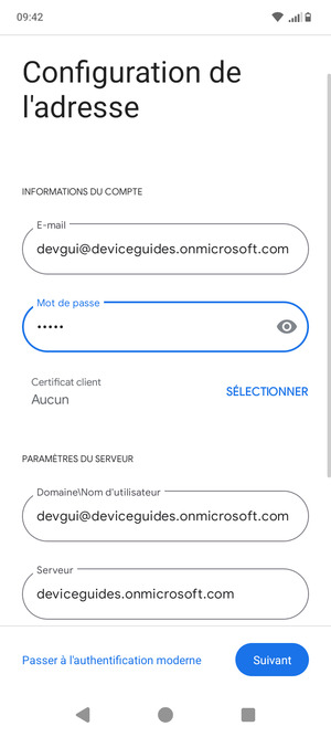 Saisissez Nom d'utilisateur et l'adresse du serveur Exchange. Sélectionnez Suivant