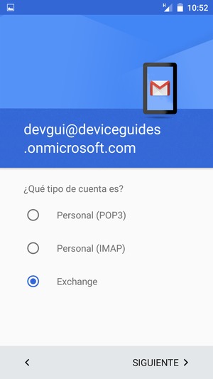 Seleccione Exchange y SIGUIENTE