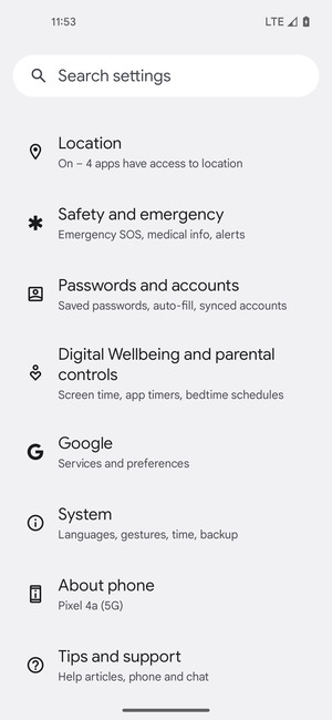 Scroll to and select Passwords and accounts