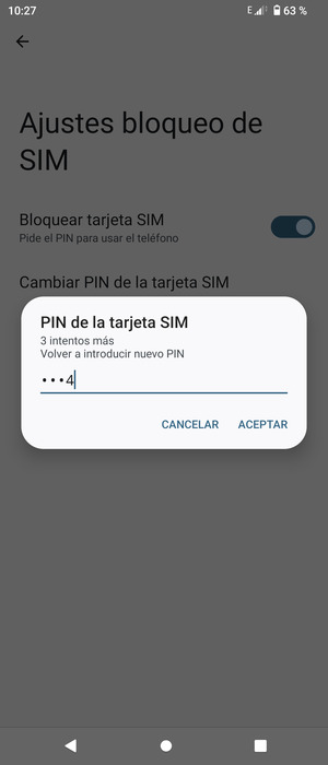 Confirme su nuevo PIN de la tarjeta SIM y seleccione ACEPTAR