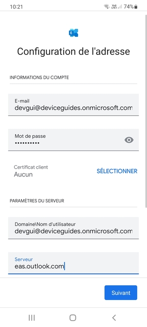 Saisissez votre Nom d'utilisateur et l'adresse du serveur Exchange. Sélectionnez Suivant