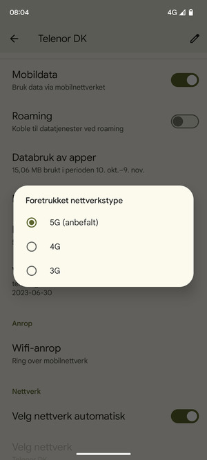 Velg ønsket alternativ
