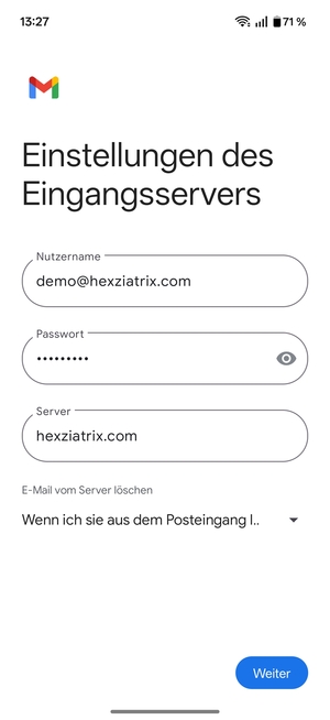 Geben Sie Benutzername und die Server-Adresse für eingehende Post ein. Wählen Sie Weiter