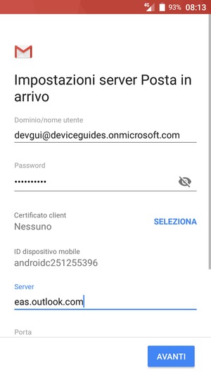 Inserisci il nome utente e l'indirizzo del server Exchange. Seleziona AVANTI