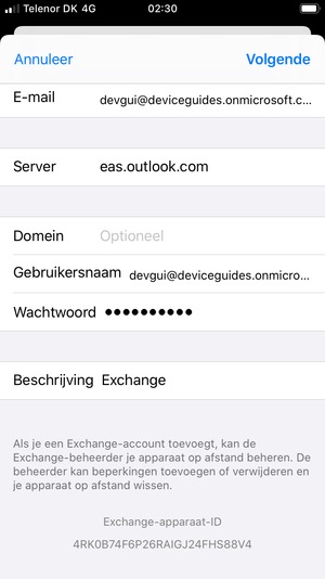 Voer uw Exchange e-mailgegevens in en selecteer Volgende