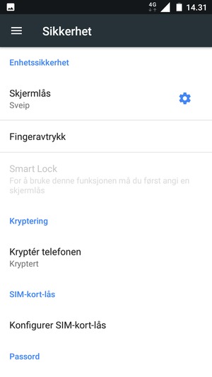 For å aktivere skjermlåsen, gå til Sikkerhet-menyen og velg Skjermlås