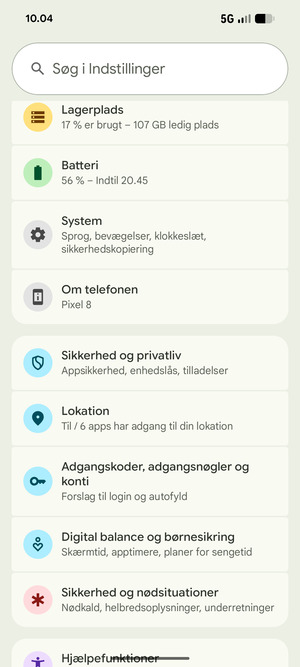 Scroll til og vælg Sikkerhed og privatliv
