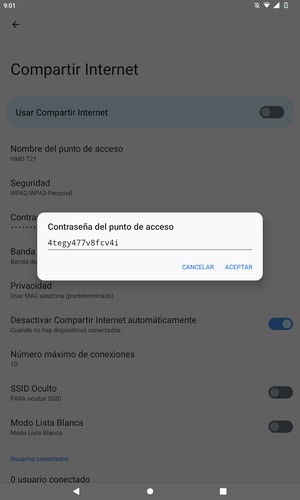 Introduzca una contraseña de punto de acceso Wi-Fi de al menos 8 caracteres y seleccione ACEPTAR