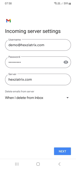 Enter Username and Incoming server address. Select NEXT
