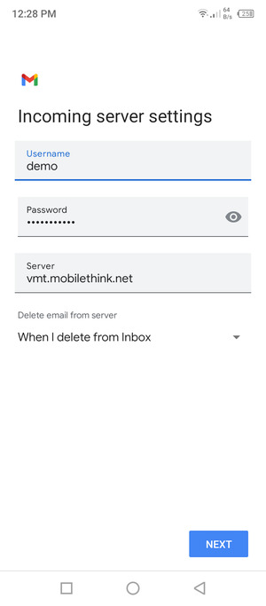Enter Username and Incoming server address. Select NEXT