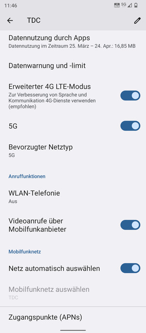 Scrollen Sie und wählen Sie Bevorzugter Netztyp