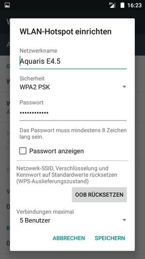 Geben Sie eine WLAN-Hotspot-Passwort mit mindestens 8 Zeichen ein und wählen Sie SPEICHERN