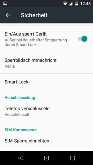 Um die PIN für die SIM-Karte zu wechseln, gehen Sie zum Sicherheit Menü zurück und wählen Sie SIM-Sperre einrichten