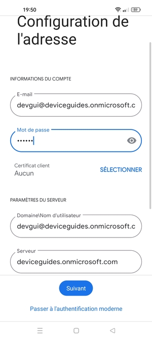 Saisissez votre Nom d'utilisateur et l'adresse du serveur Exchange. Sélectionnez Suivant