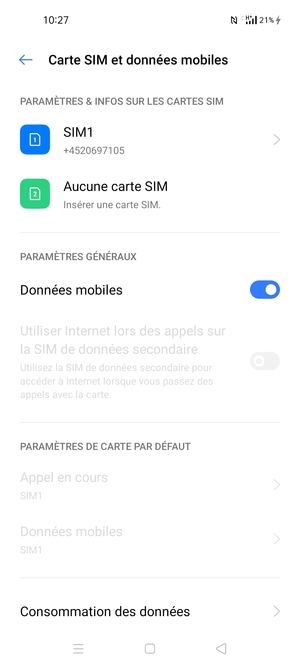 Sélectionnez SIM1 ou SIM2