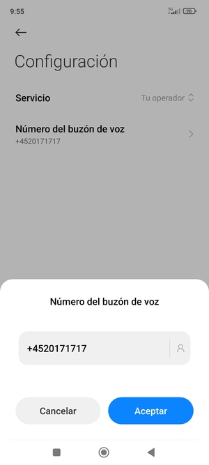 Introduzca el Número del buzón de voz y seleccione Aceptar