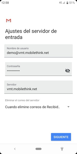 Introduzca Nombre de usuario y la dirección de servidor entrante. Seleccione SIGUIENTE