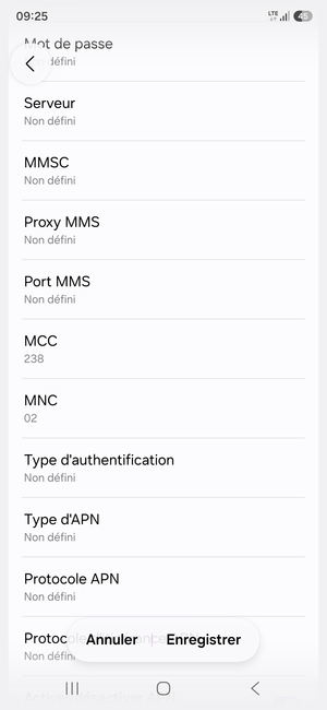 Faites défiler vers le bas et saisissez les informations Internet