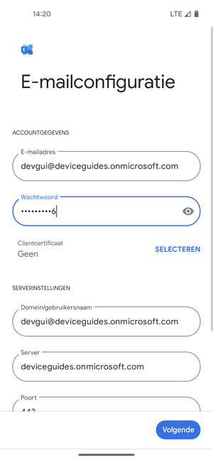 Voer Gebruikersnaam en Exchange serveradres in. Selecteer Volgende