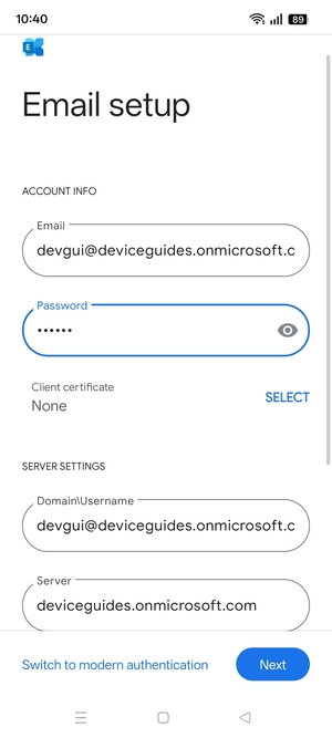 Enter Username and Exchange server address. Select Next
