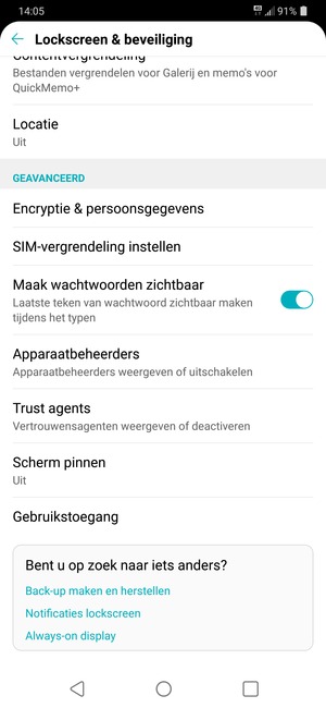 Om de pin voor de simkaart te wijzigen, keert u terug naar het menu Lockscreen & beveiliging en selecteert u SIM-vergrendeling instellen