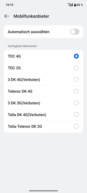 Wählen Sie einen Netzbetreiber von der Liste