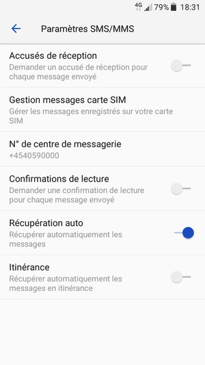 Sélectionnez Centre de service SMS SIM / N° de centre de messagerie