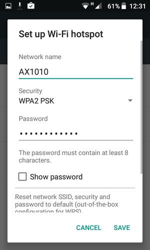 Enter a Wi-Fi hotspot password of at least 8 characters and select SAVE