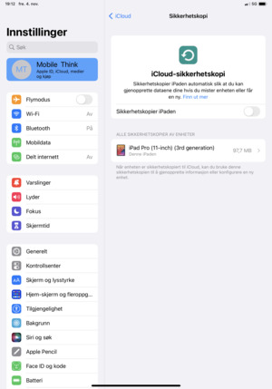 Angi iCloud-sikkerhetskopi til På