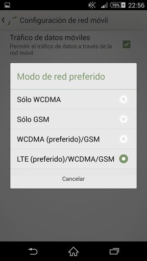 Seleccione Sólo GSM para habilitar 2G