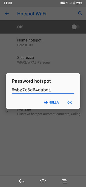 Inserisci una password dell'hotspot Wi-Fi di almeno 8 caratteri e seleziona OK