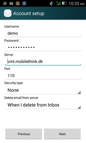 Enter Username and Incoming server address. Select Next