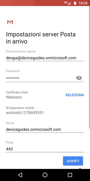 Inserisci Nome utente e l'indirizzo del server Exchange. Seleziona AVANTI