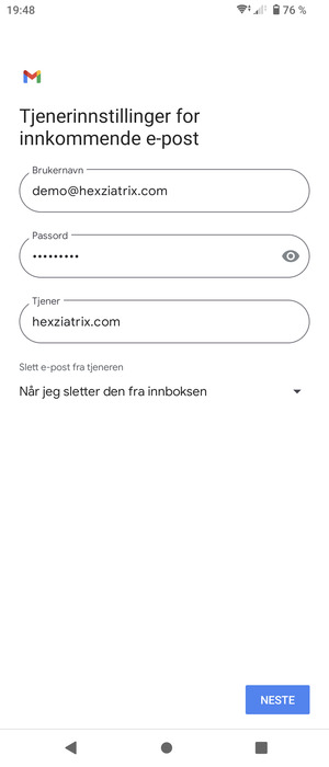 Skriv inn Brukernavn og innkommende serveradresse. Velg NESTE