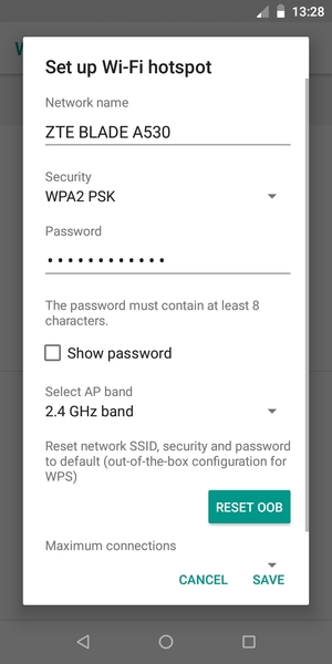 Enter a Wi-Fi hotspot password of at least 8 characters and select SAVE