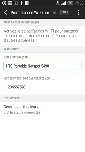 Saisissez un mot de passe d'au moins 8 caractères et activez Point d'accès Wi-Fi portable