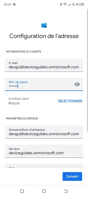 Saisissez votre Nom d'utilisateur et l'adresse du serveur Exchange. Sélectionnez Suivant