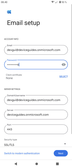 Enter Username and Exchange server address. Select Next