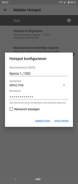 Geben Sie eine WLAN-Hotspot-Passwort mit mindestens 8 Zeichen ein und wählen Sie SPEICHERN