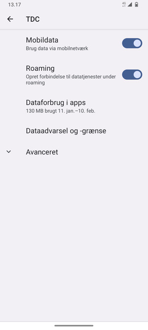 Slå Roaming til eller fra