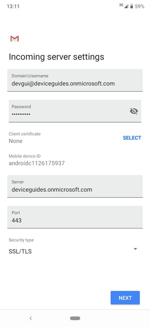 Enter Username and Exchange server address. Select NEXT
