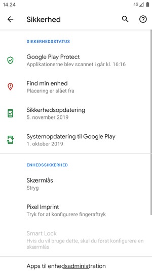 For at aktivere din skærmlås, gå til menuen Sikkerhed og vælg Skærmlås