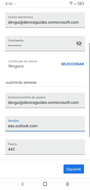 Introduzca Nombre de usuario y la dirección de servidor Exchange. Seleccione Siguiente
