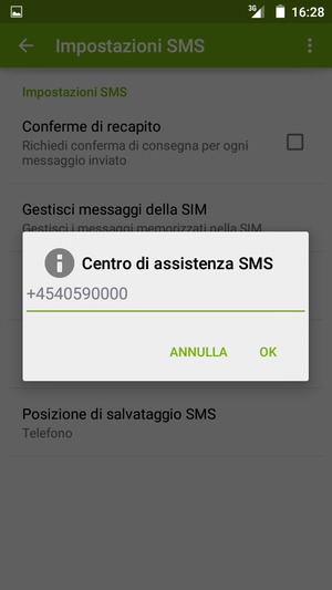 Inserisci il numero di Centro di assistenza SMS e seleziona OK